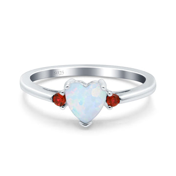 Art Deco Heart Three Stone Wedding Ring Garnet Lab Created White Opal 925 Sterling Silver